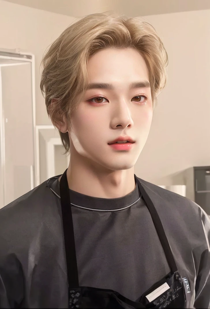 there is a man in an apron posing for a photo, inspired by jeonseok lee, inspired by Yanjun Cheng, yanjun chengt, jung jaehyun, kpop idol portrait, cai xukun, official fanart, high-quality portrait, young pale angel, Tae June Kim, realistic portrait photo, with short hair, Retrato de Jossi do Blackpink