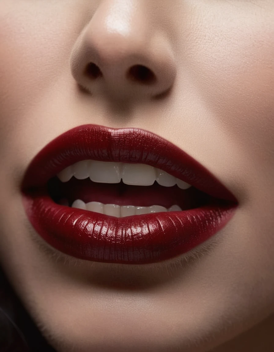 a gentle kiss, (A witch's smile that lifts the corners of her mouth), (evil smile:1.3),(Dark red lips, glossy lips), Fangs, tongue, saliva, Focus only on the mouth, Woman mouth close up, from front