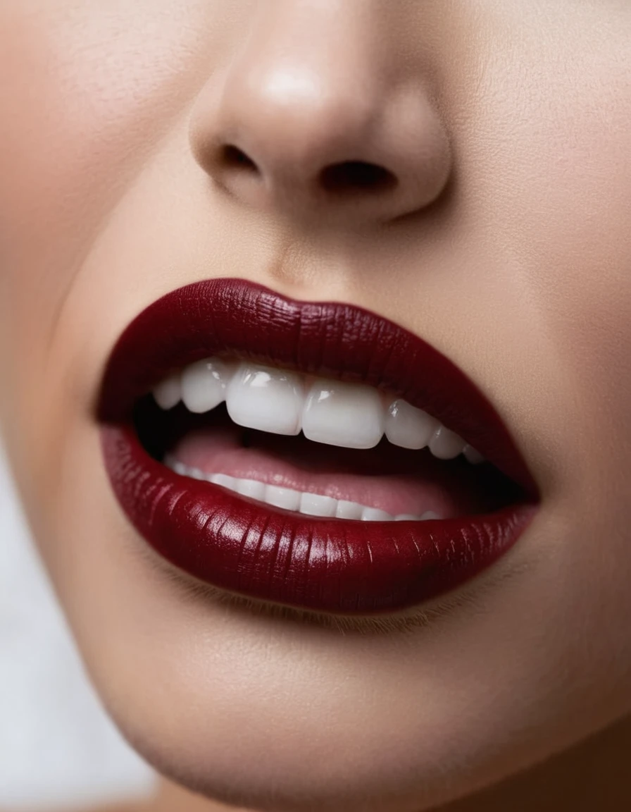 a gentle kiss, (A witch's smile that lifts the corners of her mouth), (evil smile:1.3),(Dark red lips, glossy lips), Fangs, tongue, saliva, Focus only on the mouth, Woman mouth close up, from front