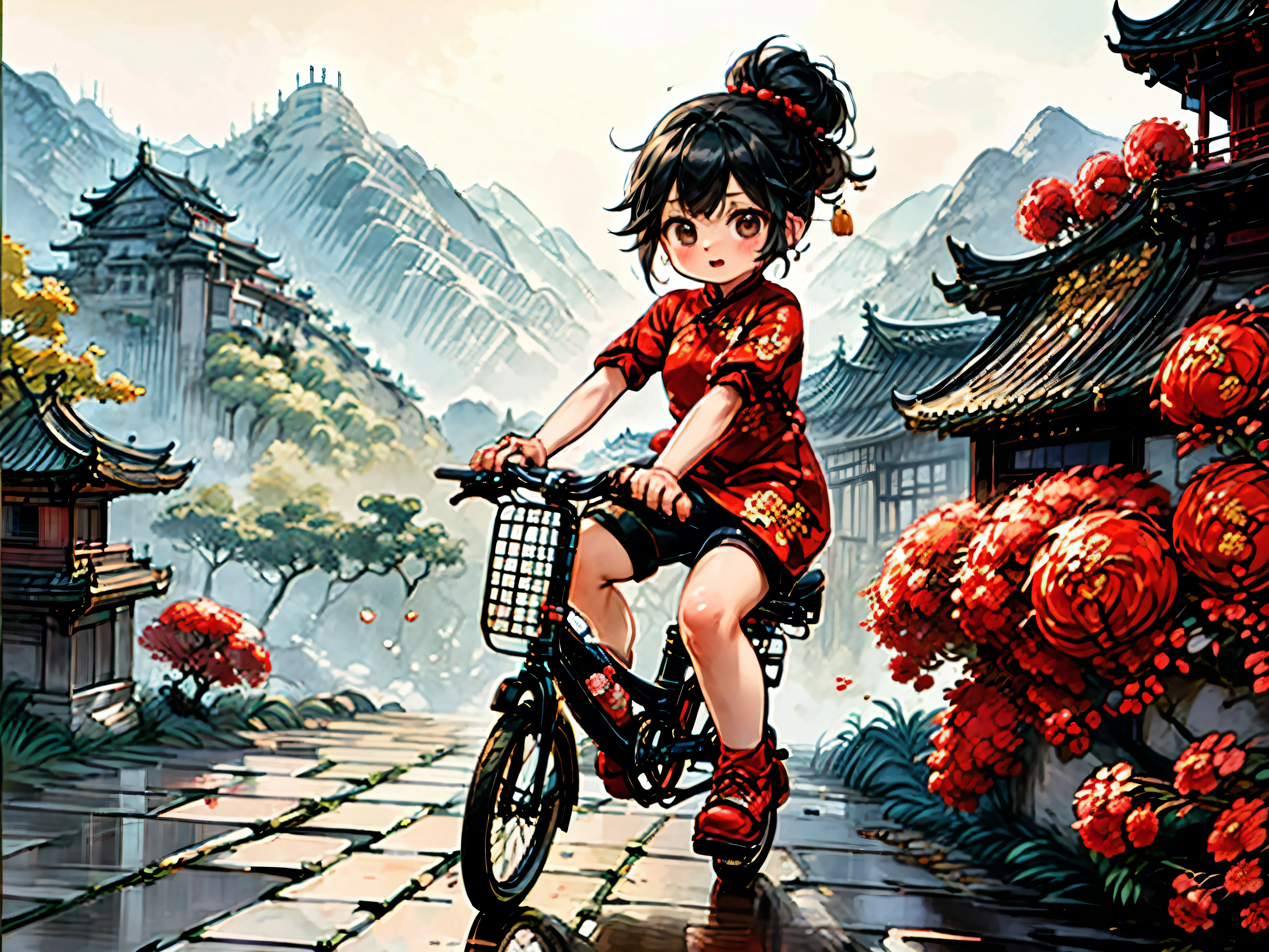 1female\(cute,kawaii,,hair floating,hair color dark brown,hair\(braid twin bun,chinese style\),eye color dark brown,big eyes,(cute classical Fashion cheongsam:1.5),breast,riding a (bicycle\(old,classic,chinese bicycle\):1.3),dynamic angle,long shot,(full body:1.3),\),background\(outside,chinese countryside,crowdy main street, gravel road,chinese people\(walking, classic fashion \),csal_scenery,Xihu\),(long shot:1.5),(wide shot),landscape, BREAK ,quality\(8k,wallpaper of extremely detailed CG unit, ​masterpiece,hight resolution,top-quality,top-quality real texture skin,hyper realisitic,increase the resolution,RAW photos,best qualtiy,highly detailed,the wallpaper,cinematic lighting,ray trace,golden ratio\)
