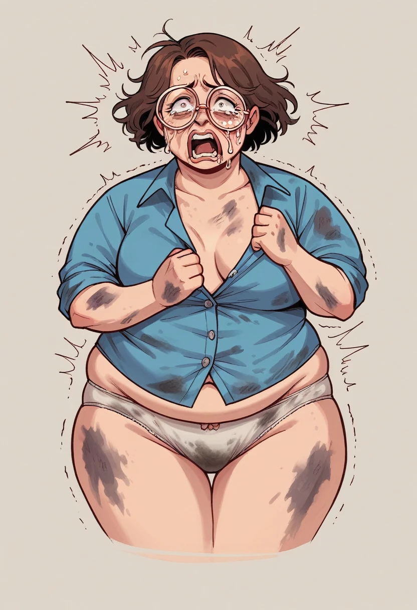 Forty-year-old woman, South American, indigenous race, fat and obese, abused, whipped, DENIGRATED, shaking, terrified, screaming, crying, large fogged glasses, dressed in a long silk blouse, unbuttoned, blue low-cut, with very large flowers .  dirty, dirty white , brown hair, short hairstyle with 80s curly perm, round face with freckles, slapped and flabby, dejected, sad look.   they are scolding him