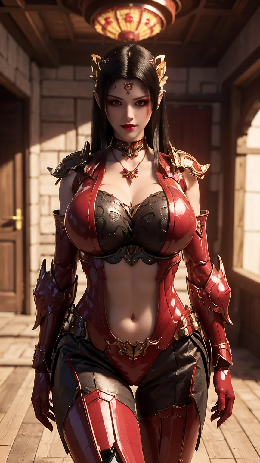 A BUSTY MILF, CLOSE UP UPPER BODY,SOLO, ((DRAGON MECHA HORN,BLACK HAIR)), (GIGANTIC FAKE BOOBIES,CLEAVAGE TOP,11 LINE ABS:1.5), ((WEARING OUTFIT RED CRIMSON DRAGON MECHA SKIMPY ARMOR:1.5)), (MUSCULAR BODY SHAPE:1.5), (CLEAN GLOSSY BODYSKIN:1.5), (LOOKING AT VIEWER:1.6), (BACKGROUND FUTURISTIC SPACE STATION:1), (PHOTOREALSITIC:1.4), (ULTRA-DETAILLIERT), (TOP-QUALITY), (BEST SHADOWS), BRIGHT LIGHT IN ROOM, HYPER TEXTURE, (4X MSAA), ((UNREAL ENGINE 5 RENDER)), (NEON), PHYSICALLY-BASED RENDERING, ULTRA HIGHT DEFINITION, 16K, 1080P.