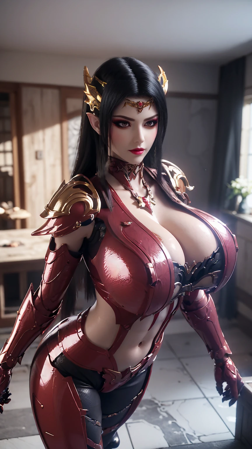 A BUSTY MILF, CLOSE UP UPPER BODY,SOLO, ((DRAGON MECHA HORN,BLACK HAIR)), (GIGANTIC FAKE BOOBIES,CLEAVAGE TOP,11 LINE ABS:1.5), ((WEARING OUTFIT RED CRIMSON DRAGON MECHA SKIMPY ARMOR:1.5)), (MUSCULAR BODY SHAPE:1.5), (CLEAN GLOSSY BODYSKIN:1.5), (LOOKING AT VIEWER:1.6), (BACKGROUND FUTURISTIC SPACE STATION:1), (PHOTOREALSITIC:1.4), (ULTRA-DETAILLIERT), (TOP-QUALITY), (BEST SHADOWS), BRIGHT LIGHT IN ROOM, HYPER TEXTURE, (4X MSAA), ((UNREAL ENGINE 5 RENDER)), (NEON), PHYSICALLY-BASED RENDERING, ULTRA HIGHT DEFINITION, 16K, 1080P.