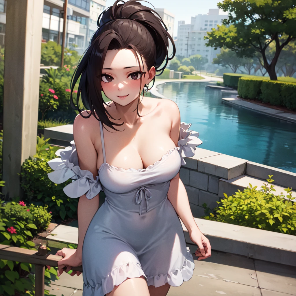 ((best quality)), ((highly detailed)), masterpiece, absurdres, extremely detailed face, beautiful face, (detailed eyes, deep eyes), (1girl), cowboy shot, yaoyorozu_momo, momo_mha, long hair, black hair, black eyes, ponytail, hair pulled back, large breasts, smile, off-shoulder sundress, bare shoulders, floral print, collarbone, (outdoors, at a stairway, afternoon), fsc_art