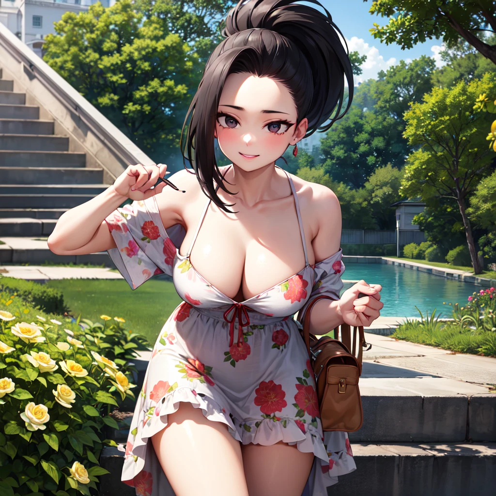 ((best quality)), ((highly detailed)), masterpiece, absurdres, extremely detailed face, beautiful face, (detailed eyes, deep eyes), (1girl), cowboy shot, yaoyorozu_momo, momo_mha, long hair, black hair, black eyes, ponytail, hair pulled back, large breasts, smile, off-shoulder sundress, bare shoulders, floral print, collarbone, (outdoors, at a stairway, afternoon), fsc_art