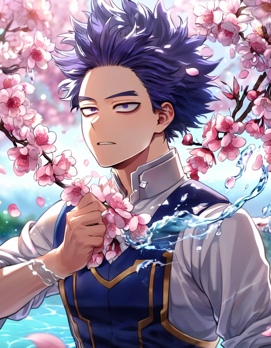 absurdres, highres, ultra detailed, HDR, master piece, Shinsou Hitoshi, messy indigo hair, no bangs, expressive purple eyes, uniform, Boku No Hero Academia, sexy man, handsome, best quality, blossoms, pink petals, pink flowers, water, fantasy, magical, blue shining fireflies, solo, white shirt,