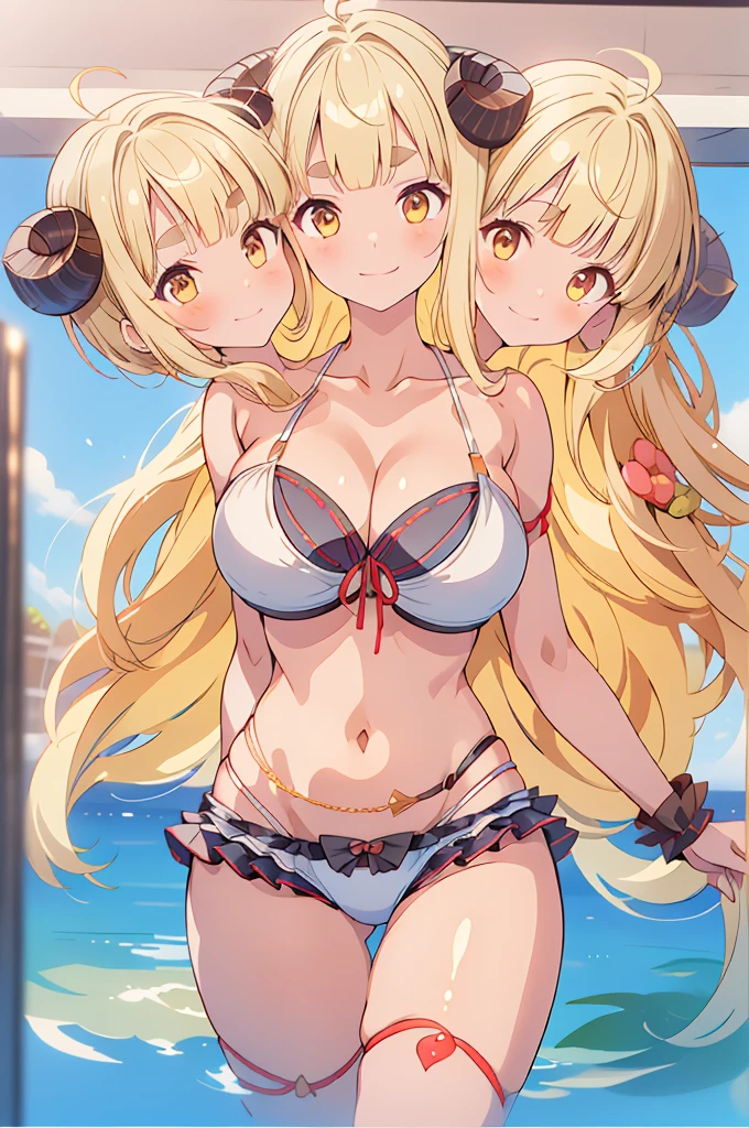 (3heads:1.3), 1girl, (anisum bikini:1.1), dynamic, pov, smile, v-shaped eyebrows, establish , tilt frame, blonde hair, horns, cute face, chubby, ((three headed girl)),