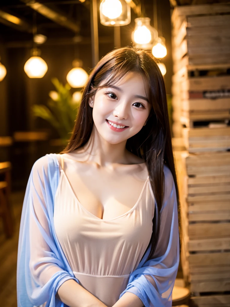 A 20-year-old woman with a very cute face like a 15-year-old idol　Smiling Kindly　(((Whole body)))　(((Full body portrait)))　Sheer blouse　Medium Bust　Cleavage　Stylish evening wine bar　Cinema lighting　Natural light　Artistic　High level of artistry　RAW Photos　Genuine　High quality that is indistinguishable from real life　Real Stick　High resolution