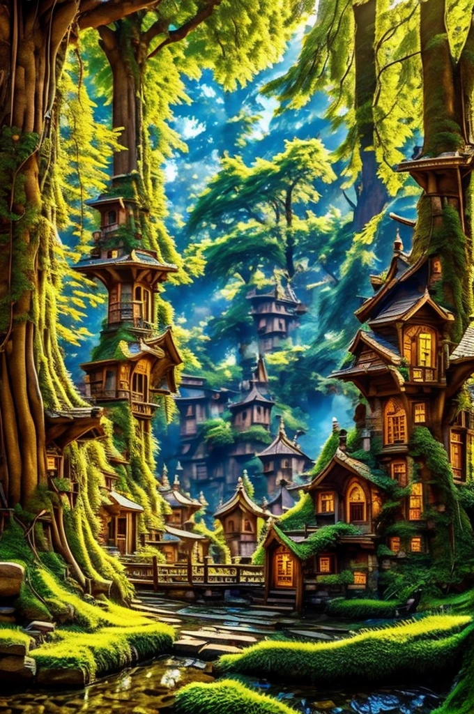 a medieval village in a redwood tree with anthropomorphic rabbits, masterpiece, best, photo realistic