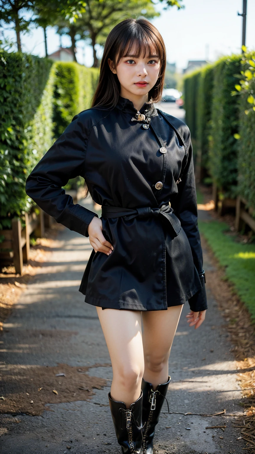 (8K、RAW Photos、Highest quality、masterpiece:1.2)、(Realistic、Realistic)、1 Girl、((Black coat、one piece、Black mini skirt、boots、Big Breasts、whole body、garden、View from the front、Looking into the camera、Stand with one hand on your hip))、