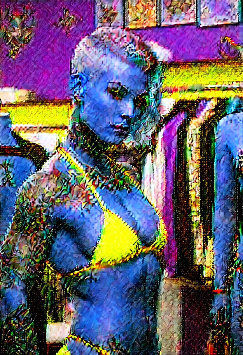 Muscular blonde female with a buzz cut and lots of tattoos and piercings trying on a bikini
