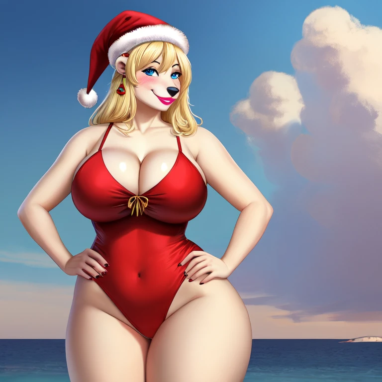 Blonde polar bear woman, wearing a Christmas one-piece bikini, perfect face, blue eyes, big breasts, cleavage, three-quarter view, solo, smile, perfect detailed body, pink lipstick, gold earring, hand on hips, blushing