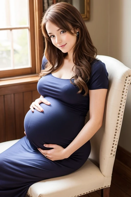 Pregnant women、Caucasian、Brown Hair、Maternity Dresses、Sit on a chair