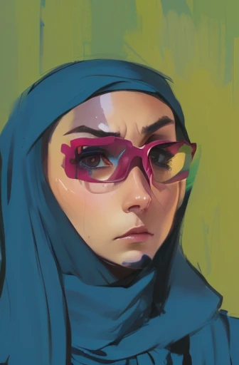 a drawing of a woman with a blue scarf and glasses, an expressive digital painting, frowning expression, focused stare, evil expression, she has a distant expression, close up character, speedpaint, detailed face of an arabic woman, intense expression, sad expression, sly expression, determined facial expression, detailed expression, closeup character portrait, 2d portrait, stern expression