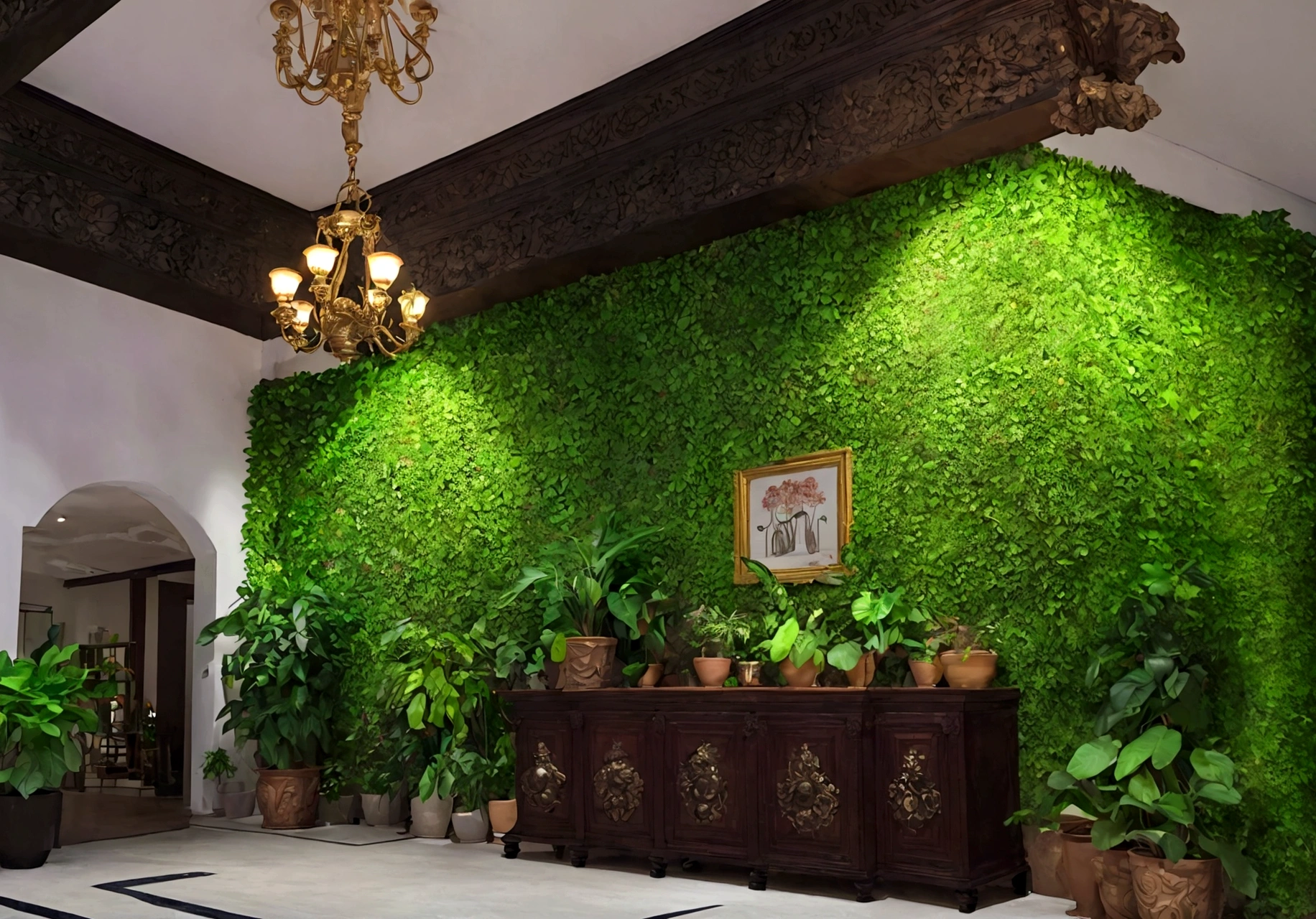 a luxurious interior, ornate decorations, wall-mounted lighting fixtures, cabinets, potted plants, potted plants accents, frontal view, eye-level view, wide angle shot, full view of the front wall, hyper realistic, cinematic lighting, super high definition, high quality, high detail, high resolution