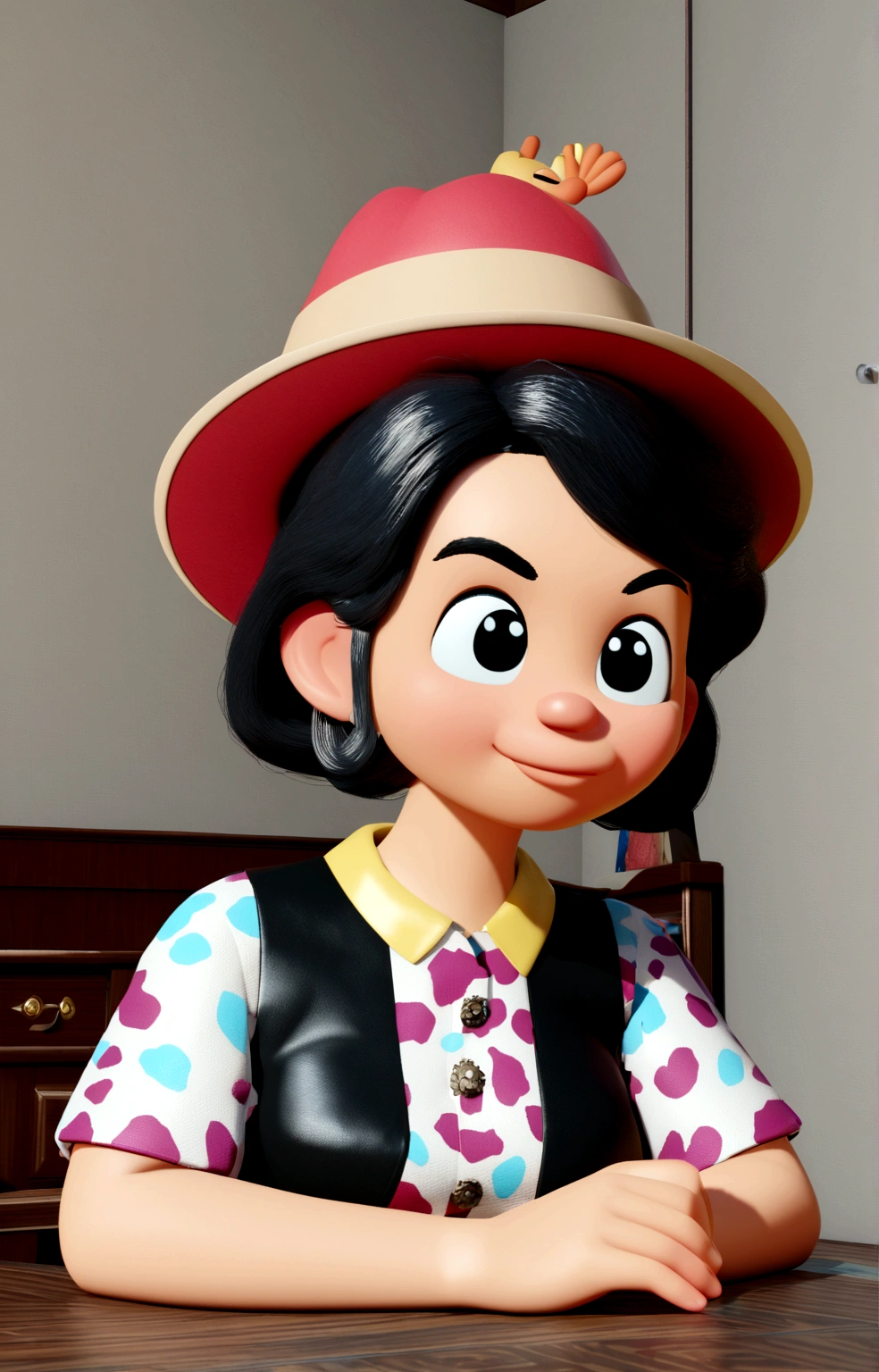 Change photo background to a rich woman&#39;s room, put a 1980s hat in your hair, Disney Pixar 3D style