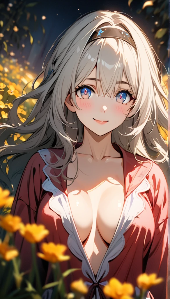 beautiful girl, long grey hair, beautiful face,smiling,close up to hips, beautiful breast, in the middle of flowers field, (open mouth:0.4),illustration,detailed textures(realists),ultra-detailed,portrait style,vivid colors,soft lighting, blushing, mature, hair fluttering, evening light , head band, half body, looking at viewer, cleavages, wearing beautiful night  sleepwear, no bra, profile view