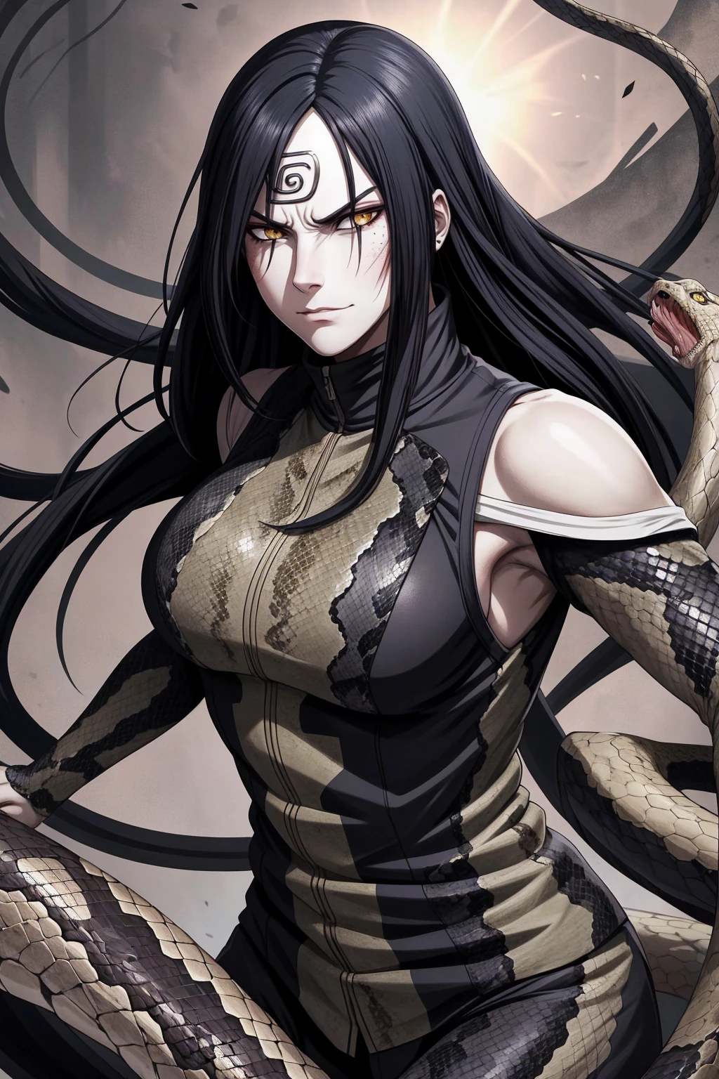 {-erro_de_anatomia:1.0} estilo anime, Masterpiece, absurdities, Orochimaru\(Naruto\), 1girl Solo, Mature woman, Oversized shirt with broad shoulders, Perfect composition, Detailed lips, large breasts, Beautiful face, body proportion, Blush, Long black hair, ( black hair), yellow eyes, Soft gauze, Super realistic, Detailed, photo shoot, Realistic faces and bodies, masterpiece, best quality, best (snake eyes) illustration, hyper detailed, 1 girl, solo, glamorous, blushing, whole body, angry face, on attack