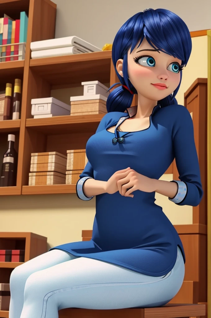 (8k, RAW photo, best quality, masterpiece:1.2), (intricate details), perfect eyes, perfect face, perfect lighting, beautiful, (masterpiece:1.2), (best quality:1.2), 1girl, solo, Marinette, blue hair, ((long loosen hair)), adult torso, , slight smile, huge sized breasts, ( blue dress), cowboy shot, 3DMM, seated, front view