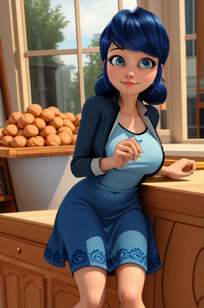 (8k, RAW photo, best quality, masterpiece:1.2), (intricate details), perfect eyes, perfect face, perfect lighting, beautiful, (masterpiece:1.2), (best quality:1.2), 1girl, solo, Marinette, blue hair, ((long loosen hair)), adult torso, 17 years old, slight smile, huge sized breasts, ( blue dress), cowboy shot, 3DMM, seated, front view