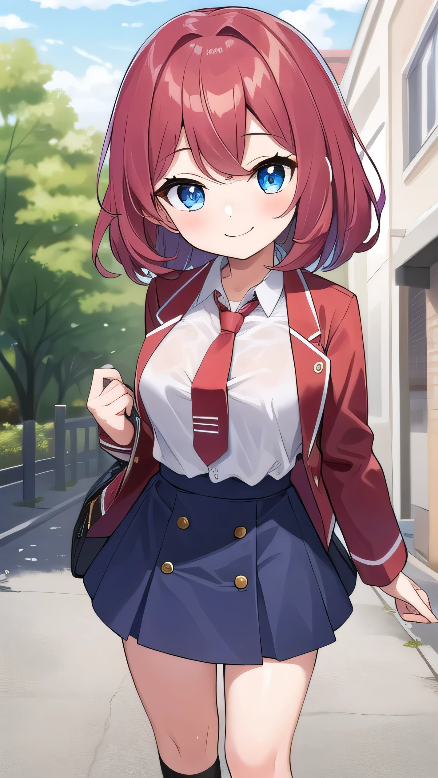 Big breasts, red hair, blue eyes, droopy eyes, red jacket, long sleeves, navy skirt, elementary school student, super big breasts, (medium hair: 1.2), baggy clothes, elementary school student, young face, short height, 10 years old, old, shy A shy guy, smiling a little, trying to open the buttons of his shirt, white shirt, red tie，straight hair , gentle smile, a little smile