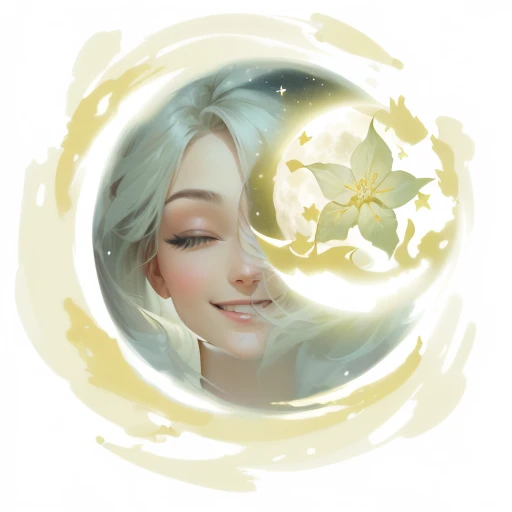 there is a painting of a woman with a flower in her hair, moon behind him, an expressive digital painting, right - half a cheerful face, moon and stars, in the moon, speedpaint, the moon cast on the man, digitial painting, drawn in microsoft paint, themed on the stars and moon, the moon and stars, drawn with photoshop