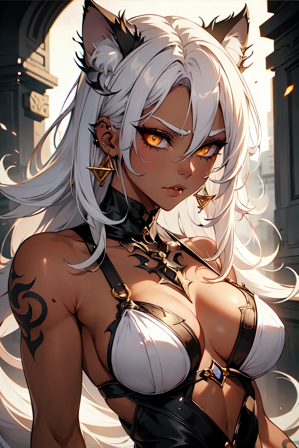 (((I want a woman with light skin, completely black eyes, long gray hair, body with slight curves, medium breasts, wearing tribal clothes)))