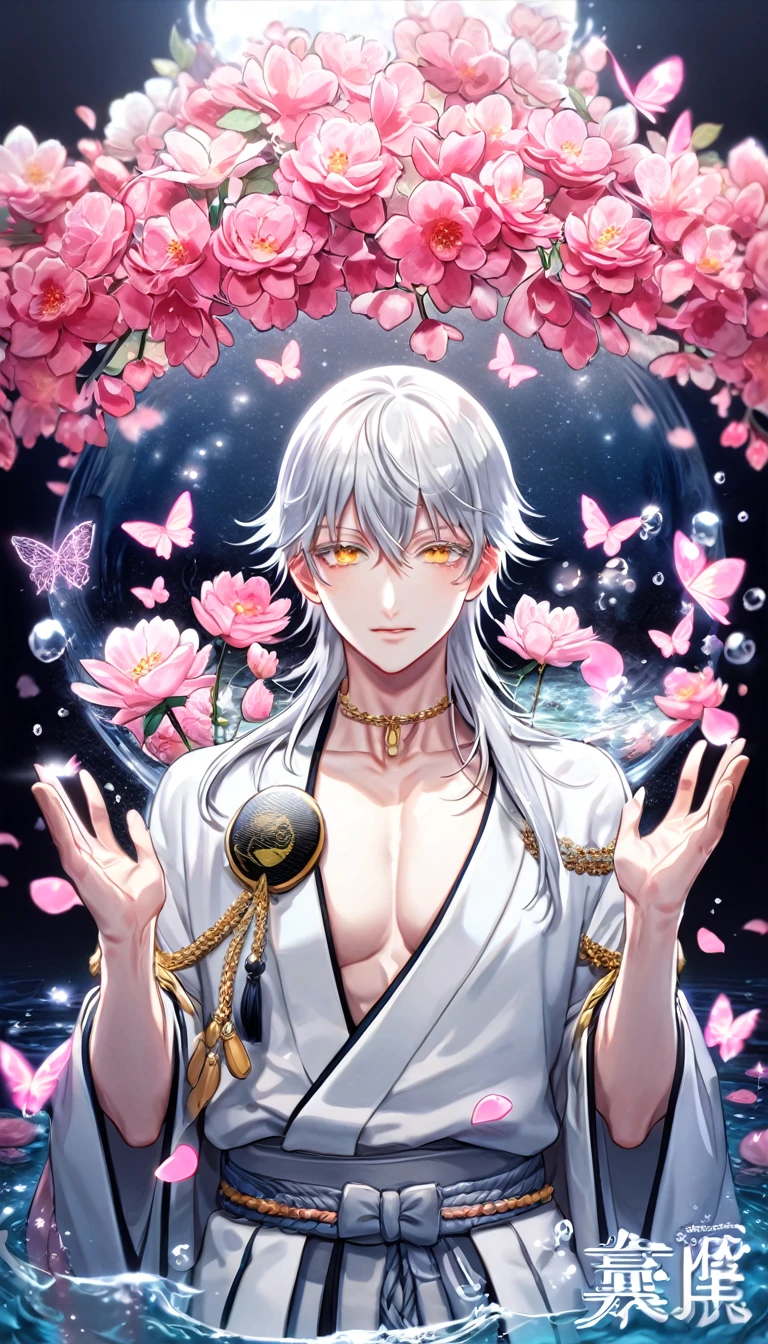 absurdres, highres, ultra detailed, HDR, master piece, best quality, Tsurumaru Kuninaga, white hair, expressive yellow eyes, white eyelashes, Touken Ranbu, solo, sexy man, handsome, white clothes, fantasy, shining, water, pink flowers, pink blossoms, pink butterflies, pink petals