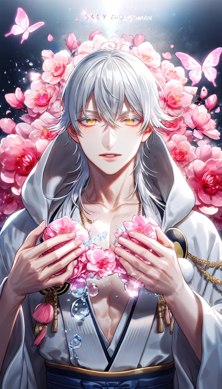 absurdres, highres, ultra detailed, HDR, master piece, best quality, Tsurumaru Kuninaga, white hair, expressive yellow eyes, white eyelashes, Touken Ranbu, solo, sexy man, handsome, white clothes, fantasy, shining, water, pink flowers, pink blossoms, pink butterflies, pink petals