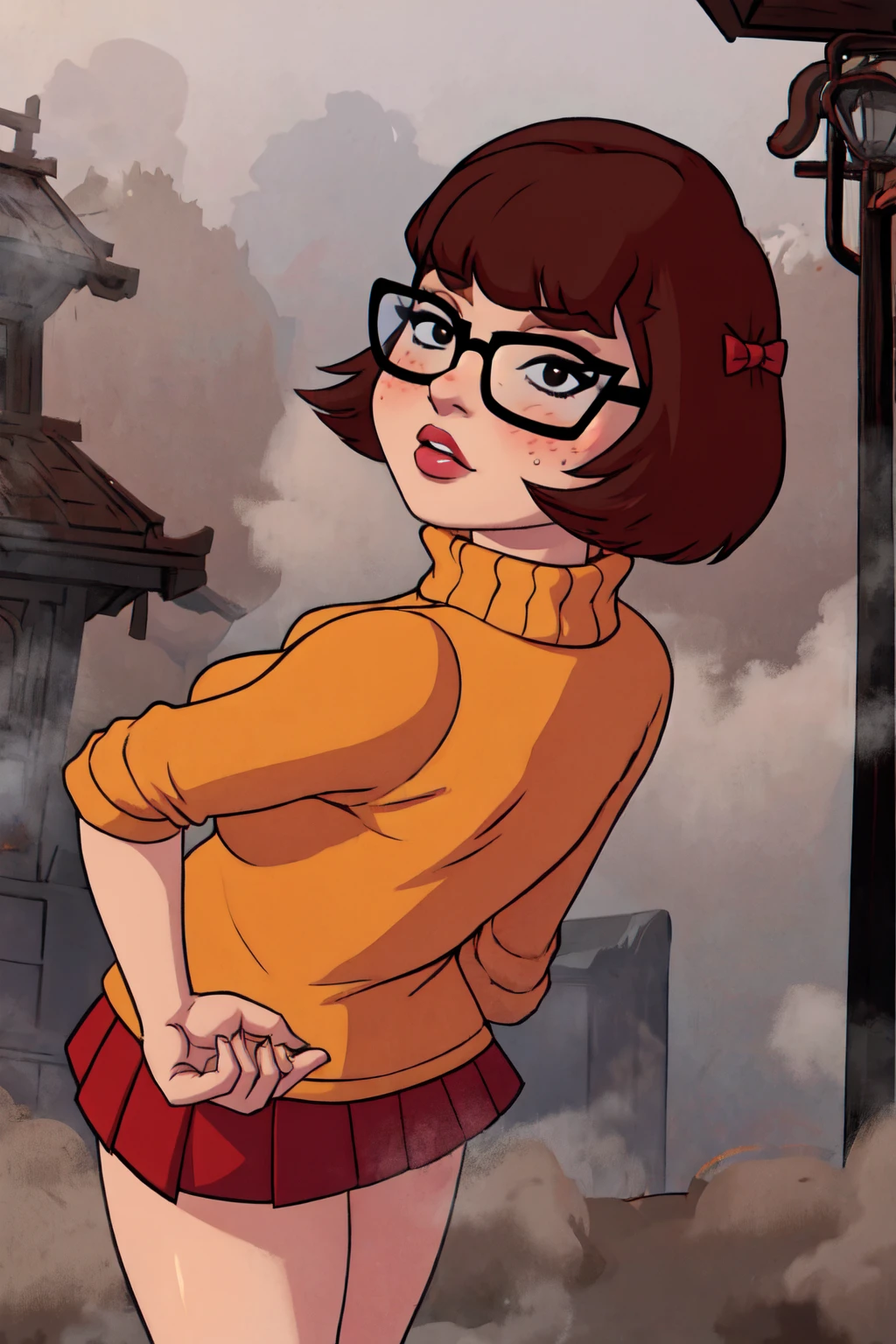 1girl, Velma from scooby-doo, solo, skinny, brown hair, black eyes, square glasses, orange turtleneck blouse and red skirt,  eyeliner, looking at viewer, lips, black bob cut, blunt bangs, blush, standing, upper body, face focus, outdoors, horror \(theme\), night, fog egirlmakeup, angry, backwards, looking back, terror background