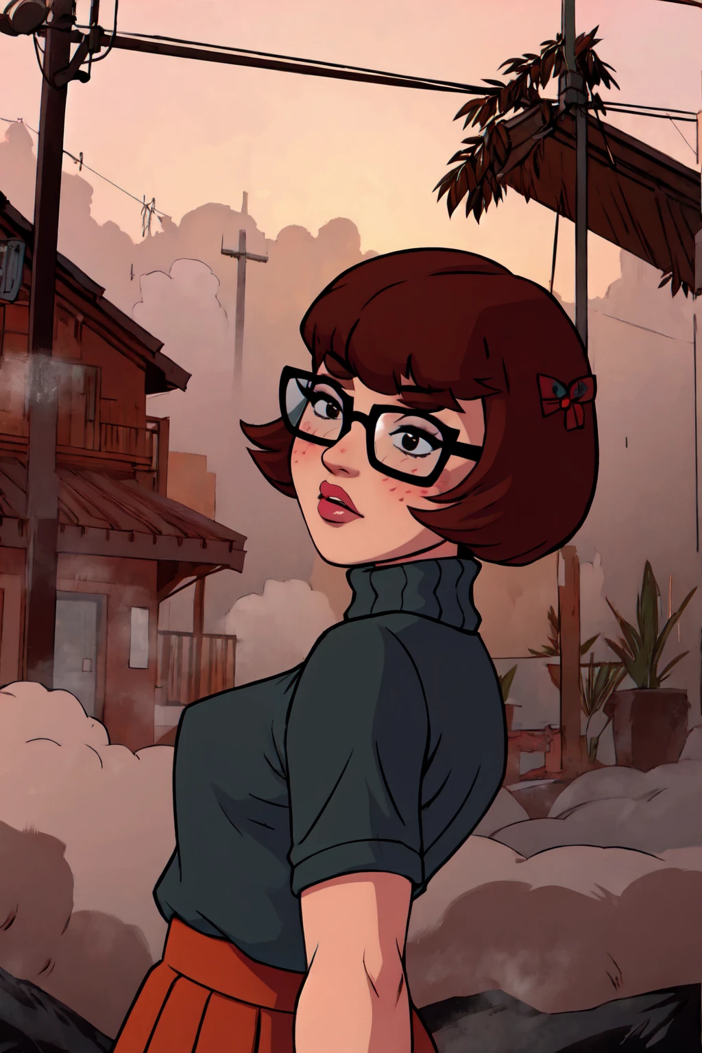 1girl, Velma from scooby-doo, solo, fat (fat body), brown hair, black eyes, square glasses, orange turtleneck blouse and red skirt,  eyeliner, looking at viewer, lips, black bob cut, blunt bangs, blush, standing, upper body, face focus, outdoors, horror \(theme\), night, fog egirlmakeup, backwards, looking back