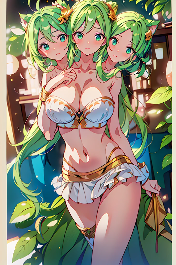 (masterpiece, best quality), best quality, best resolution, (ultra-detailed), (3heads:1.5), 1girl, (mima:1.3), masterpiece, top best quality, ultra quality, ultra resolution, ultra detail, white and blue top, crop top, ((stomach)), midriff, ((groin)), white and blue skirt, miniskirt, normal ears, shackles, green hair, very long hair, wavy hair, sidelocks, green eyes, parted lips, sweat, cute, toned belly, hand on own chest, eyelashes, (26 year old woman:1.3), (masterpiece:1.5), (best quality:1.5), (beautiful detailed), extremely detailed CG, extremely delicate and beautiful, depth of field, (finely detailed face), (perfect details:1.2), (mature female:1.3), wide pelvis, slender, large veiny breast, 16k resolution, highres, very high quality, very high definition, extremely detailed, masterpiece, green hair, long hair, alluring presence, twin braid, short skirt, close up, very big tits, huge tits, young,
