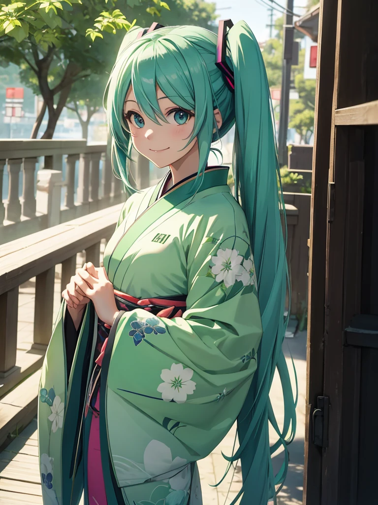 Hatsune miku, green kimono, smiling