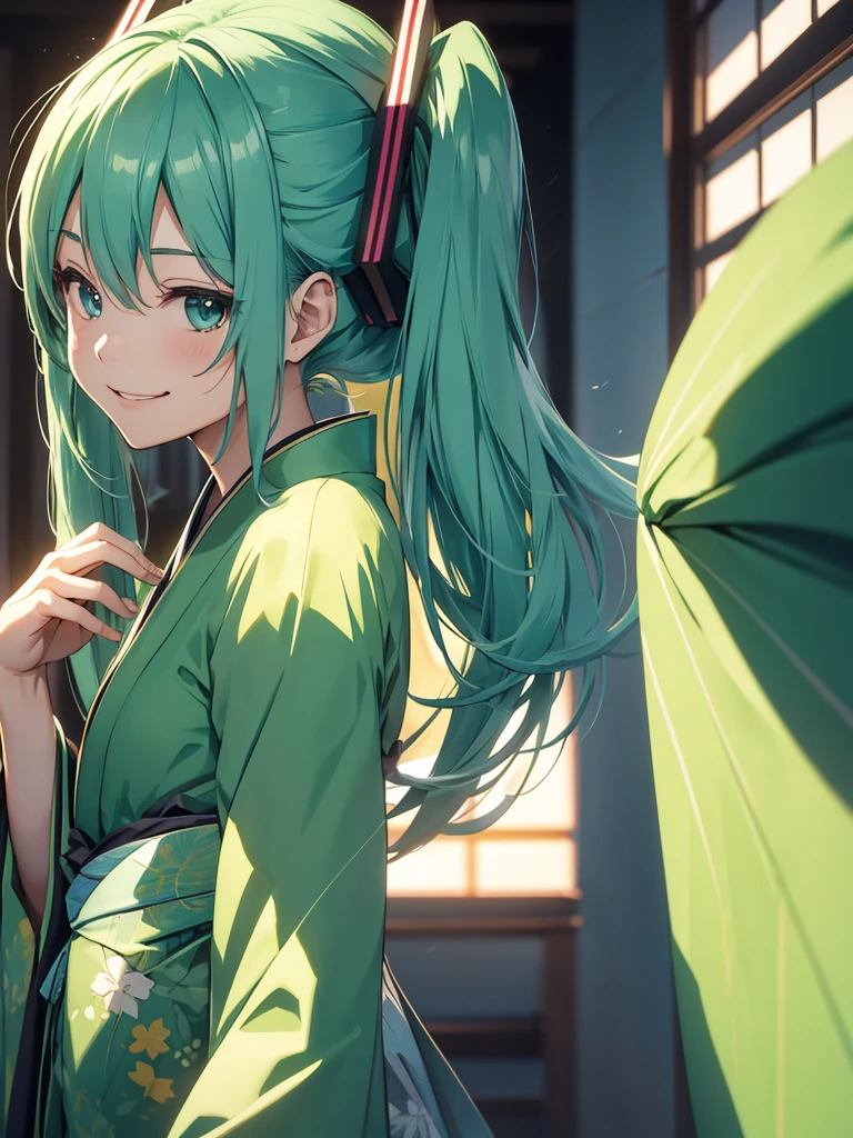 Hatsune miku, green kimono, smiling