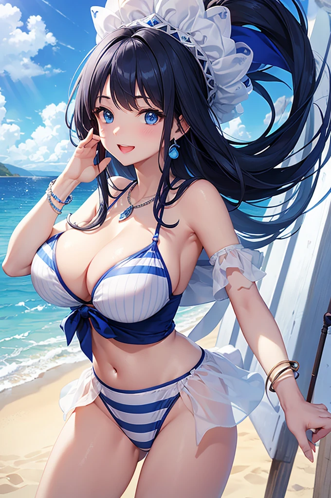 Highest quality、Highest quality、masterpiece、(8K),Beauty(Age 25)、Navy blue long hair、blue eyes、Sexy White Bikini(Dark stripes)、Big cleavage、(Big Breasts)、smile、blue necklace、Blue Earrings、background(Beach)、Please open your mouth wide、White headband、bracelet、Dynamic pose
