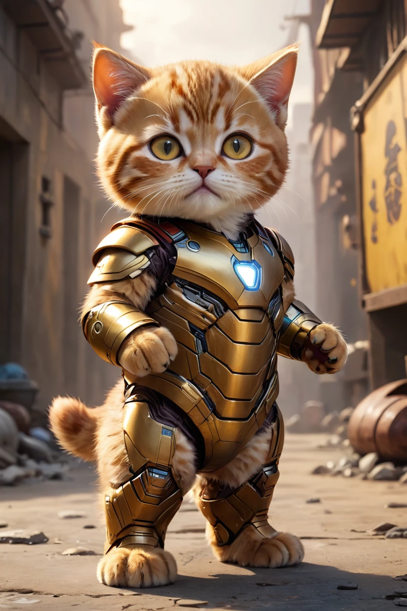 small, There are no humans in this world、The world of anthropomorphized cats、Iron Man suit mark50Wear、Standing face to face with cute Thanos、かわいいbornき物全身, Costumes,、 Fantasy art, Exquisite detail, An anthropomorphic, fat, furry tabby kitten with yellow eyes, Movie Scenes, Dramatic shot angles, , Realistic, born々Amazing cinematic photorealism, Action Portrait, 8K, detailed, Full Frame