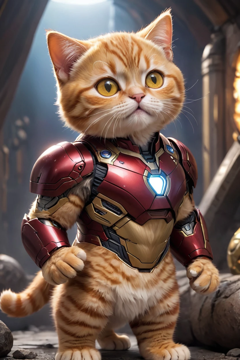 small, There are no humans in this world、The world of anthropomorphized cats、Iron Man suit mark50Wear、Standing face to face with cute Thanos、かわいいbornき物全身, Costumes,、 Fantasy art, Exquisite detail, An anthropomorphic, fat, furry tabby kitten with yellow eyes, Movie Scenes, Dramatic shot angles, , Realistic, born々Amazing cinematic photorealism, Action Portrait, 8K, detailed, Full Frame
