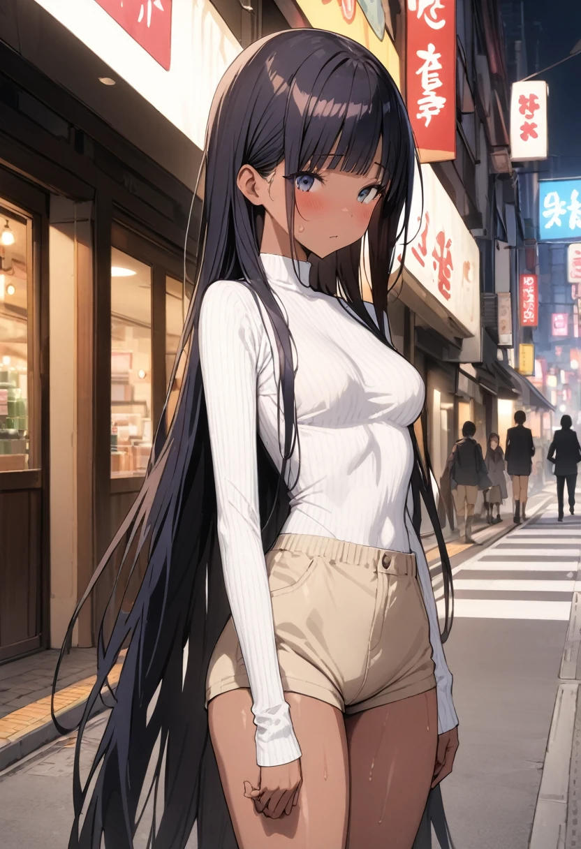 (((masterpiece, Highest quality:1.5,absurdres))),25 year old beauty,(dark blue hair),brown hair,((very small head:1.2)),long hair,bangs,dark blue eyes,gorgeous eyes,blush、medium breasts,((very long body:1.2)),((toned body,slender body)),skinny,(tan skin:1.2),gleaming skin,shiny skin,sweat,((White turtleneck knitwear with long sleeves、Beige shorts),on street,Tokyo、