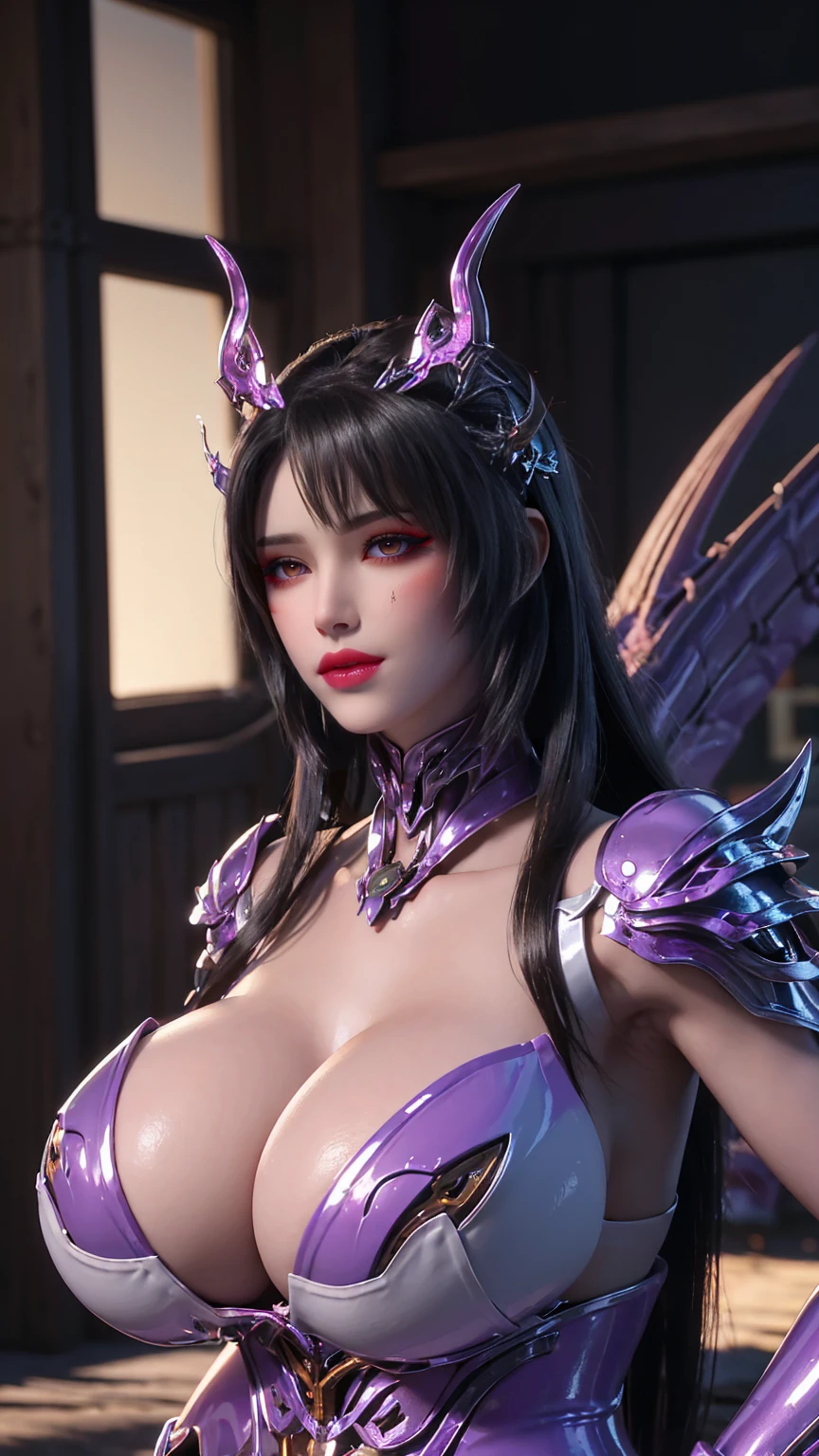 A BUSTY MILF, CLOSE UP UPPER BODY,SOLO, ((DRAGON MECHA HORN,BLACK HAIR)), (GIGANTIC FAKE BOOBIES,CLEAVAGE TOP,11 LINE ABS:1.5), ((WEARING OUTFIT PURPLE CRIMSON DRAGON MECHA SKIMPY ARMOR:1.5)), (MUSCULAR BODY SHAPE:1.5), (CLEAN GLOSSY BODYSKIN:1.5), (LOOKING AT VIEWER:1.6), (BACKGROUND FUTURISTIC SPACE STATION:1), (PHOTOREALSITIC:1.4), (ULTRA-DETAILLIERT), (TOP-QUALITY), (BEST SHADOWS), BRIGHT LIGHT IN ROOM, HYPER TEXTURE, (4X MSAA), ((UNREAL ENGINE 5 RENDER)), (NEON), PHYSICALLY-BASED RENDERING, ULTRA HIGHT DEFINITION, 16K, 1080P.