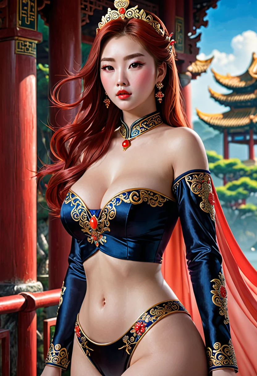 work of art: 1.2, the best quality), (royal painting), details Intricate, Depth of field), (1 girl, standing alone), make up, lip cut, Cao Cao detalhe, face perfect, (: 1.4), (Skin dents), thick-thighs, Wide buttocks, Waist slender, Cao Cao, Coral Lips, Red hair, Eyes red, hypdertailed, (black silk), (perspiring: 1.2), (humida), sexly, blush, realisitic