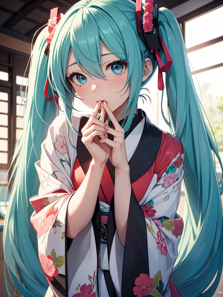 Hatsune miku, kimono, sucking fingers