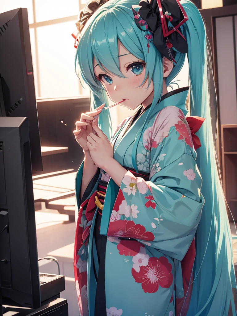 hatsune miku, pijama, cat ears, sucking fingers, red eyes