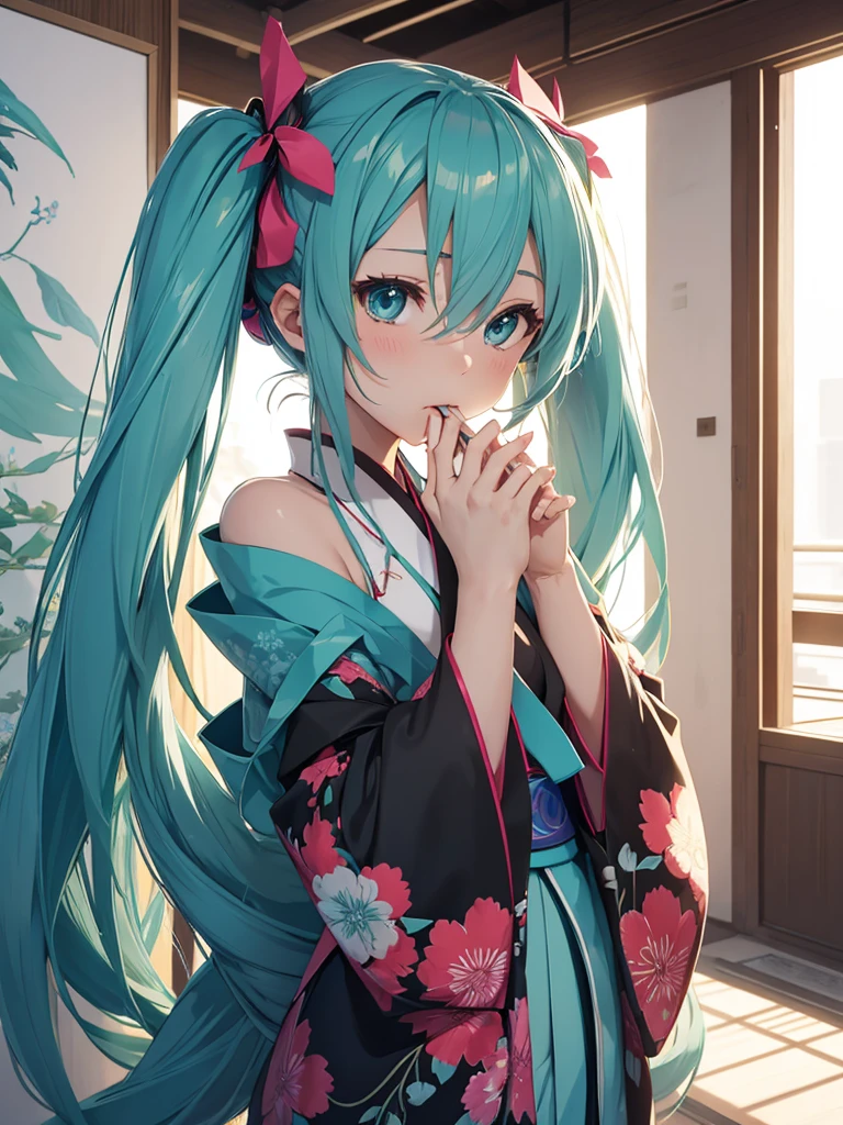 Hatsune miku, kimono, sucking fingers