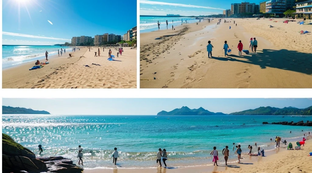 Beach, daytime, sunny, panning left to right, watercolor, lively, joyful Description: The camera pans slowly from left to right, capturing the lively scene of people enjoying themselves on the beach - children building sandcastles, families picnicking, and couples strolling hand-in-hand. The sun glistens off the water, creating a sense of warmth and happiness.