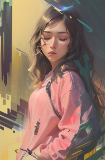 painting of a woman with her eyes closed and her hands in her pockets, the nonlinear. digital painting, soft digital painting, in style of digital painting, an expressive digital painting, digital paiting, smooth. digital painting, stylised painting, a digital painting, digital painting - n 5, expressive digital painting, young glitched woman, digital art - n 5