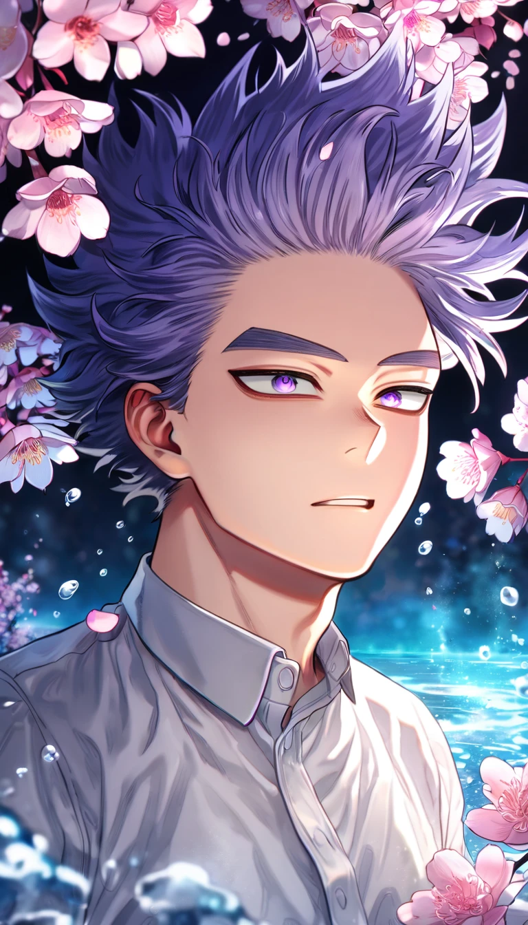 absurdres, highres, ultra detailed, HDR, master piece, Shinsou Hitoshi, messy indigo hair, no bangs, expressive purple eyes, Boku No Hero Academia, sexy man, handsome, best quality, blossoms, pink petals, pink flowers, water, fantasy, magical, blue shining fireflies, solo, white shirt,