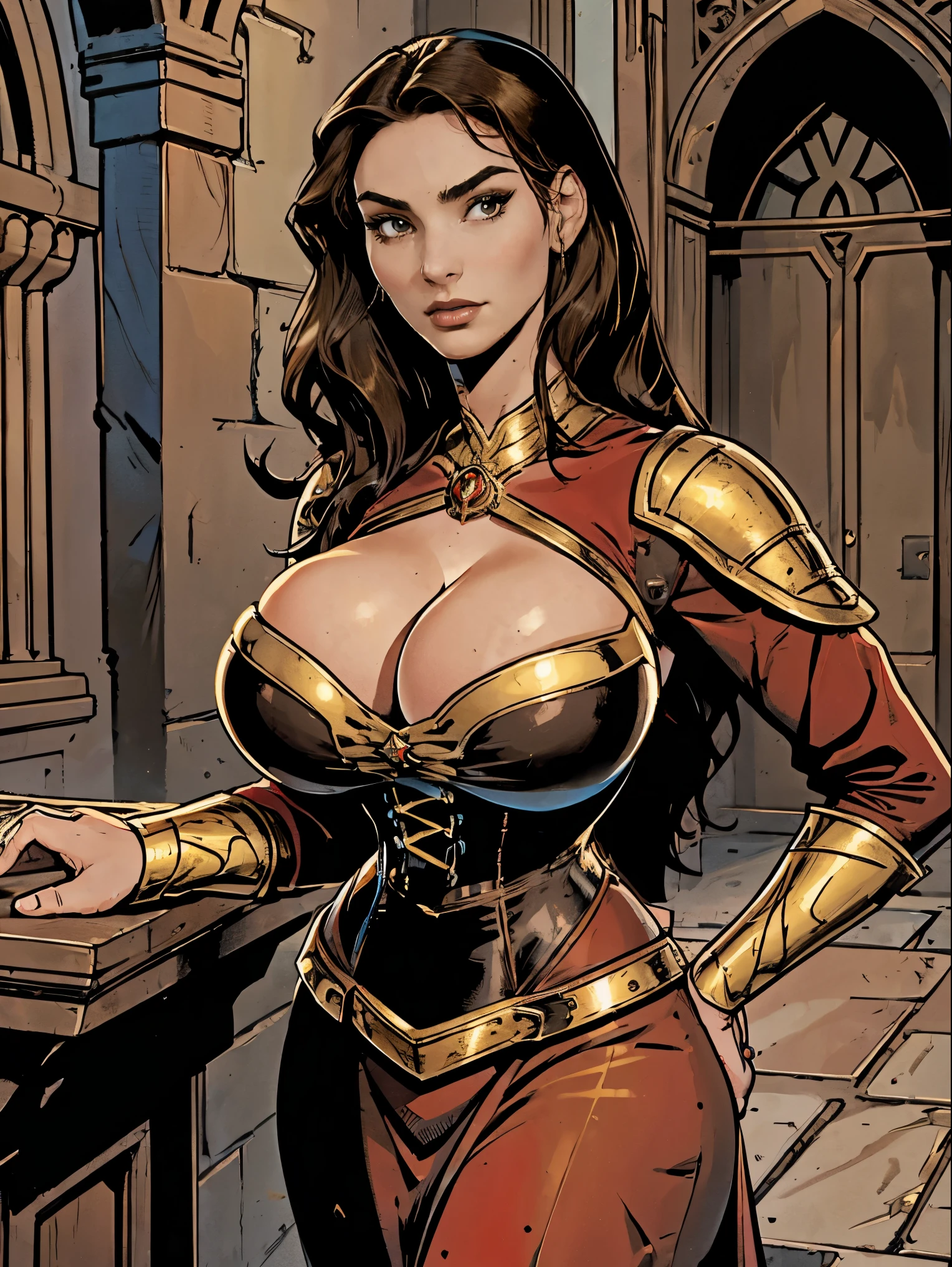 Gorgeous and sultry busty athletic (thin) brunette with sharp  features and (huge boobs) wearing a red and black dress, long sleeves, bracers, corset, gold trim, sorceress attire.  Castle courtyard.