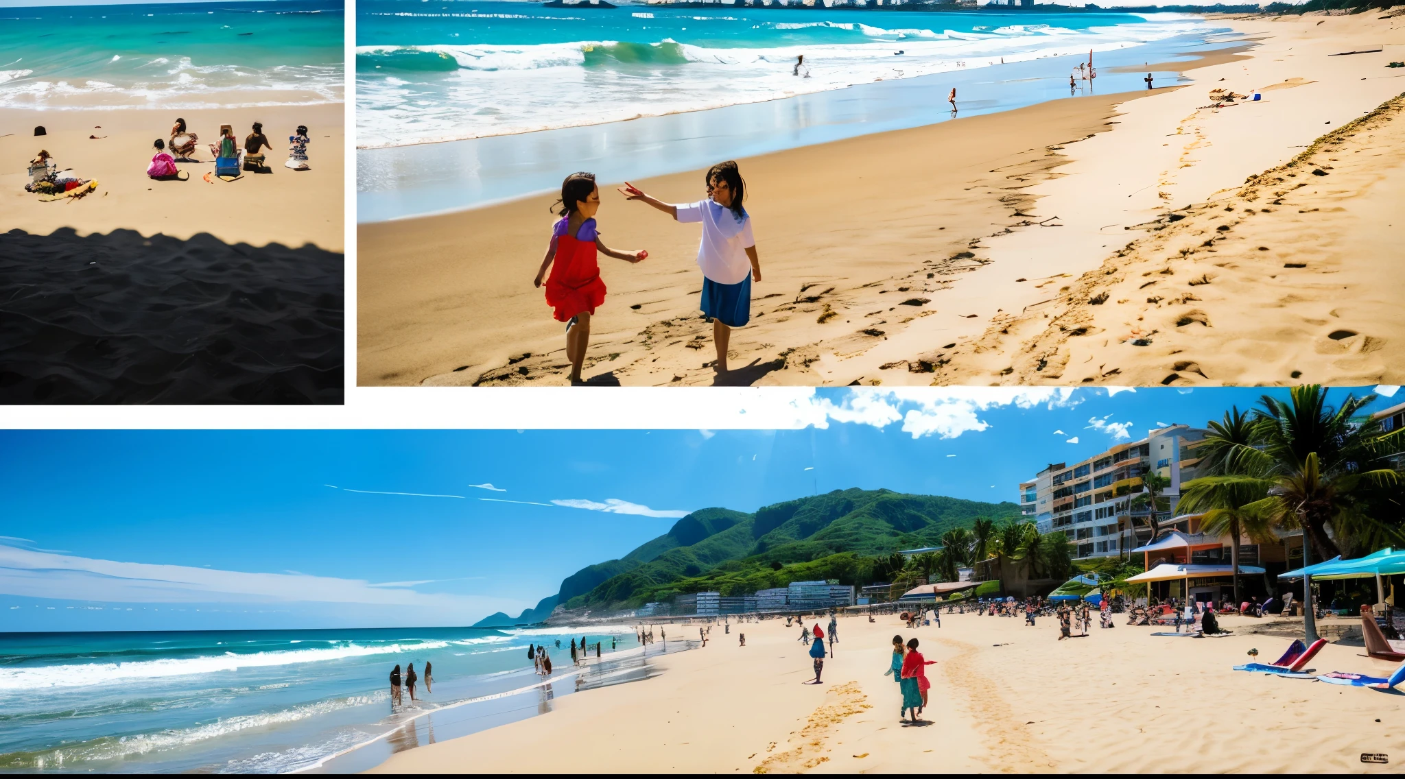 Beach, daytime, sunny, panning left to right, watercolor, lively, joyful Description: The camera pans slowly from left to right, capturing the lively scene of people enjoying themselves on the beach - children building sandcastles, families picnicking, and couples strolling hand-in-hand. The sun glistens off the water, creating a sense of warmth and happiness.