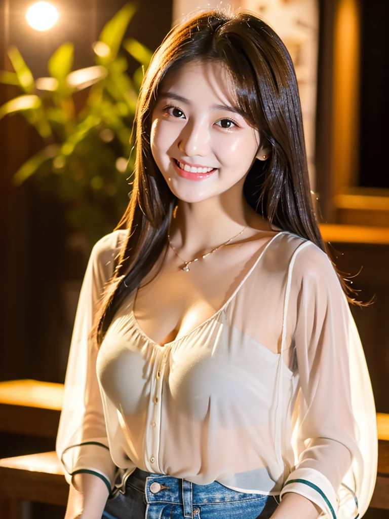 A 20-year-old woman with a very cute face like a 15-year-old idol　Smiling Kindly　(((Whole body)))　(((Full body portrait)))　Sheer blouse　Medium Bust　Cleavage　Stylish evening wine bar　Cinema lighting　Natural light　Artistic　High level of artistry　RAW Photos　Genuine　High quality that is indistinguishable from real life　Real Stick　High resolution