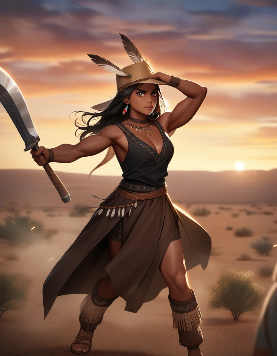 Native American warrior\(beautiful,beautiful,age 18,(muscular:1.3),(holding 1tomahawk:1.2),Dark skin,floating dark hair,dark and bright eyes,large eyes,face with strong will,leather dress\(Stripe, glass beads\),indian cape\(Stripe, glass beads\), war hats\(Native American Feather Crown\),fresh skin, dark and bright,mama,collar\(many fangs),indian moccasins,glass bead earrings,whole body\), BREAK 1hawk\( flying\),bottom(outside,American desert,Western era,),Dynamic action poses, dynamic angles, BREAK ,quality\(8k,bottom de pantalla de una unidad CG extremadamente detallada, masterpiece,high resolution,top-quality,top-quality real texture skin,hyperrealistic,increase resolution,RAW Photos,la mejor quality,Very detailed,el bottom de pantalla,cinematic lighting,ray trace,golden ratio\)[NSFW:2.0],looking at the viewer,long shot, plano general
